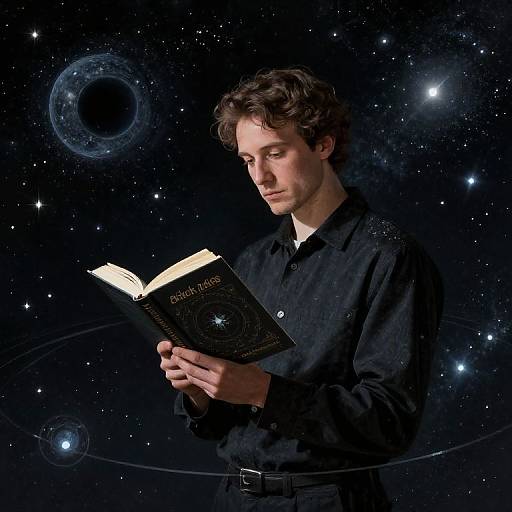 Young man with curly brown hair, wearing a black shirt, reads 