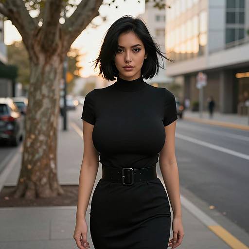 Photograph of a confident, dark-haired woman with a black dress and belt, standing on a city street at sunset. Urban background with blurred buildings and