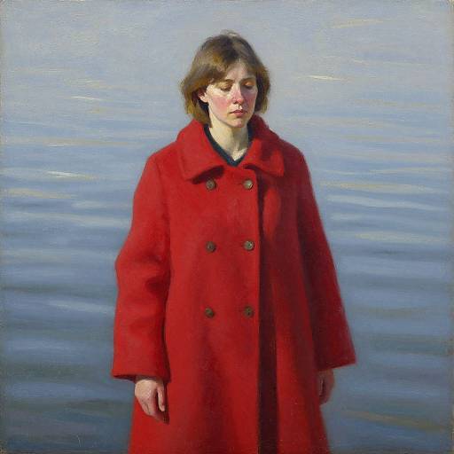 Photorealistic painting of a young woman with light skin and brown hair, wearing a red double-breasted coat, standing against a calm, blue water