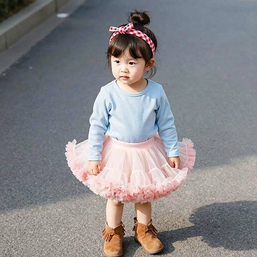 Cute Asian Girl in Tutu on Sidewalk