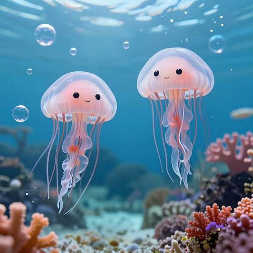 Photograph of two cute, smiling jellyfish with black eyes, floating in a vibrant underwater coral reef, surrounded by bubbles and colorful coral.