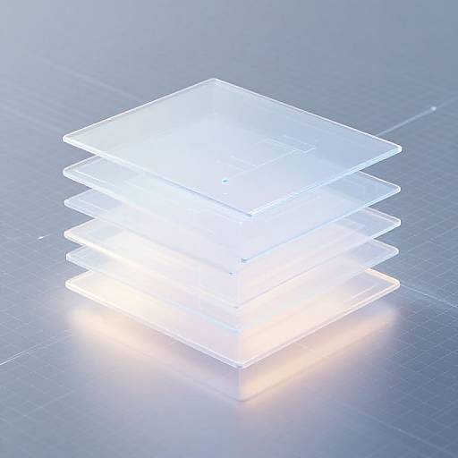 Photograph of a stack of five transparent, illuminated, white LED-lit glass sheets, glowing brightly against a blue, grid-patterned background.