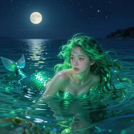 Digital painting: Green-haired mermaid with glowing scales, moonlit night, full moon, dark blue sea, stars, and reflective water. Ethereal