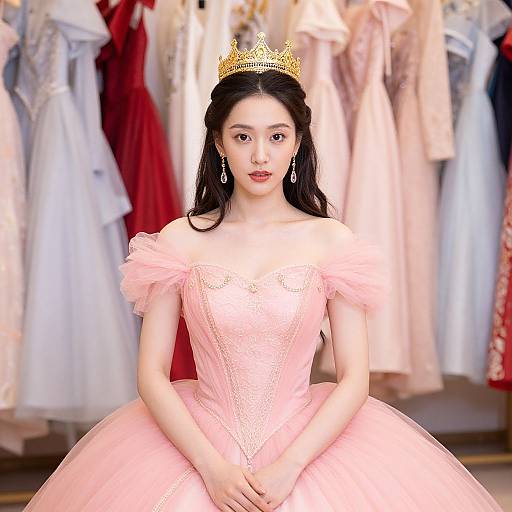 Photograph of an Asian woman with fair skin, wearing a pink off-shoulder ball gown, gold crown, and dangling earrings, standing in front