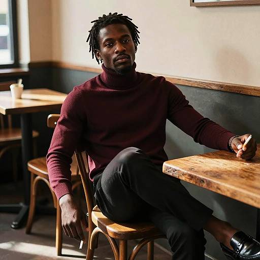 Photograph of a Black man with dreadlocks, wearing a maroon turtleneck and black pants, sitting in a sunlit café. Wood table