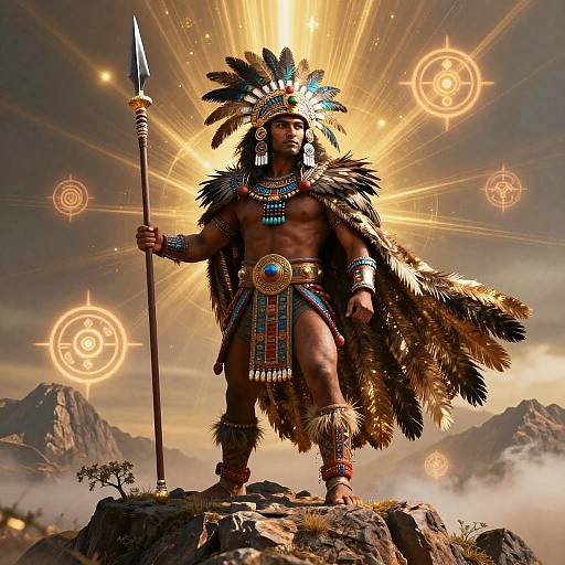 Digital artwork of a muscular, dark-skinned warrior in elaborate Native American-style feather and bead attire, holding a spear, standing on a rocky mountain with
