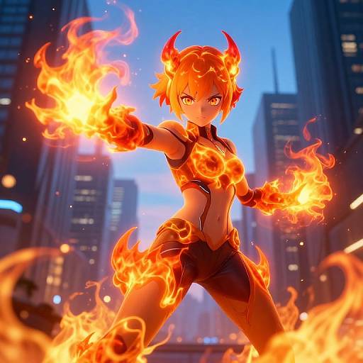 Digital anime artwork of a fiery, red-haired demon girl with horns, black outfit, and glowing orange flames surrounding her in a cityscape.