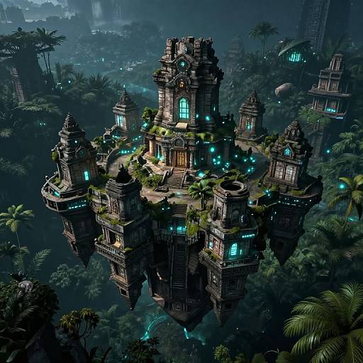 Photorealistic CGI of a glowing, ancient, jungle temple with blue-lit windows, surrounded by dense tropical foliage, under a dark, misty