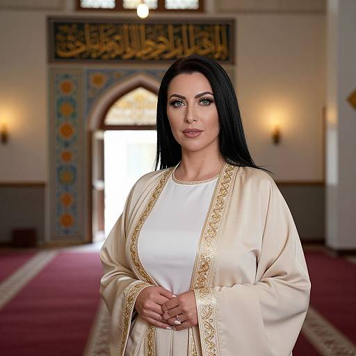 Photograph of a black-haired woman in a white and gold-embroidered robe, standing in a mosque with ornate archways and warm lighting