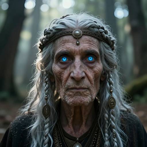 Photograph-like CGI of an ancient, wrinkled man with glowing blue eyes, long white braided hair, wearing a headband and dark jewelry in