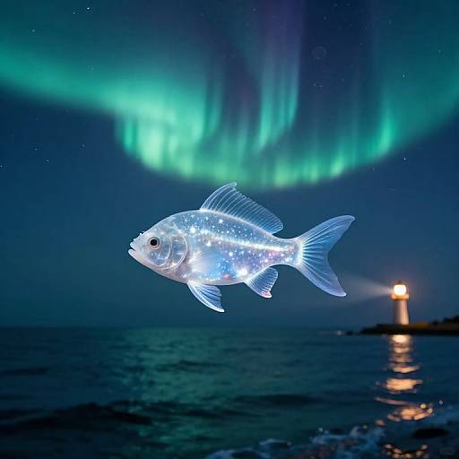Glowing fish illuminated with white lights floats in dark, starry ocean under vibrant green-blue northern lights, with a distant lighthouse on the right.