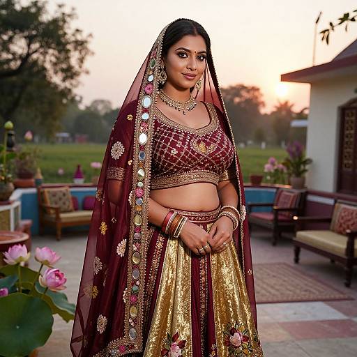 Photograph of a smiling South Asian woman in traditional maroon and gold bridal attire, standing in a garden at sunset.