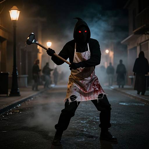 Silhouetted figure in bloody apron wielding axe, glowing red eyes, foggy nighttime street, street lamps, blurred background, eerie, horror