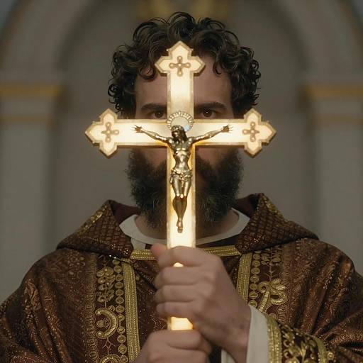 Intense Bearded Man with Glowing Cross