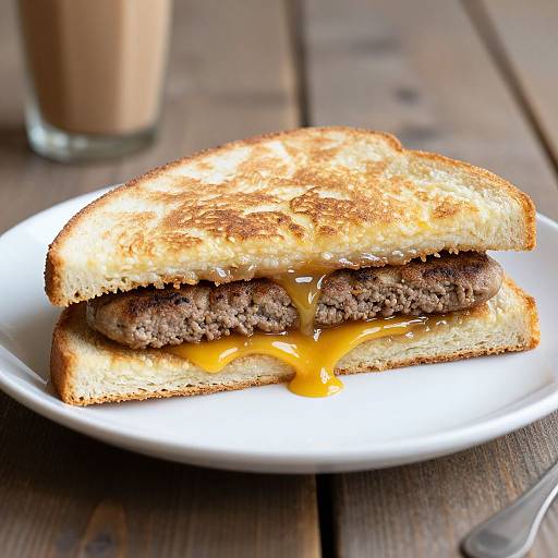 Photograph of a grilled cheeseburger sandwich with melted cheese on toasted bread, on a white plate, next to a glass of milk.