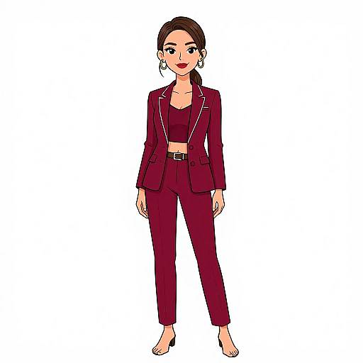 Digital drawing of a smiling woman with brown hair in a bun, wearing a burgundy suit, black crop top, and bare feet.