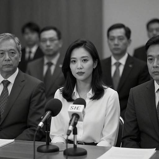 High-Contrast Black-and-White Press Conference Portrait