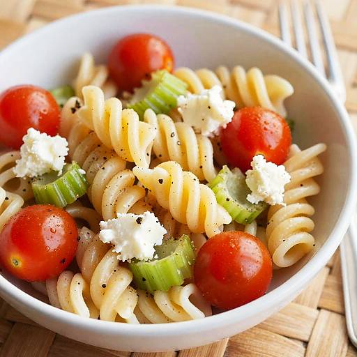 Photograph of a white bowl filled with spiral pasta, cherry tomatoes, crumbled feta, green celery, and black pepper on a woven wooden surface