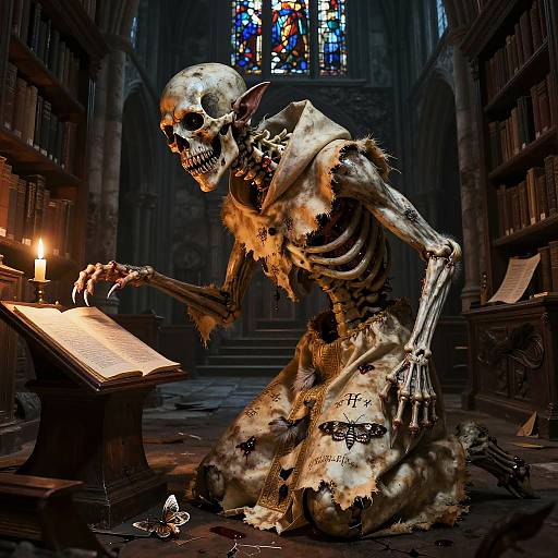 Haunting Monstrous Priest in Ruined Cathedral Library