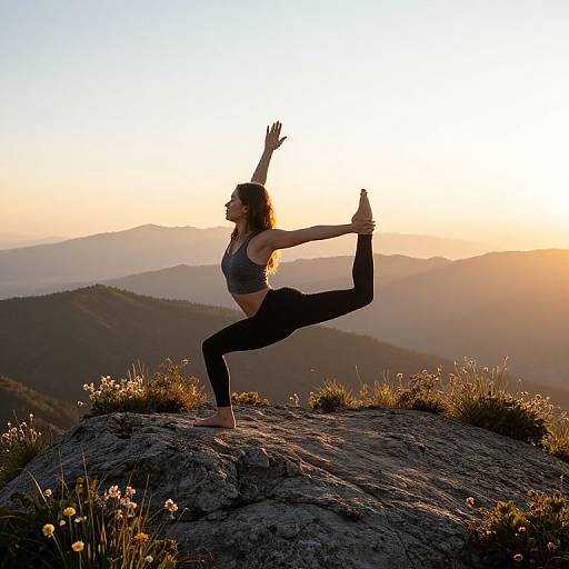 Photograph of a woman in a black sports bra and leggings, performing a yoga pose on a rocky mountain peak at sunset, with distant hills and wild
