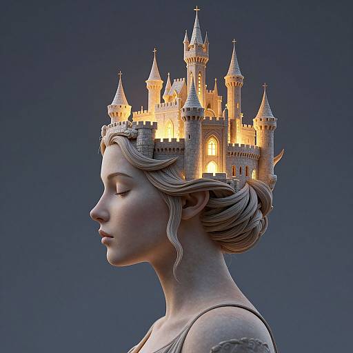 Digital artwork of a serene woman with blonde hair, wearing a sleeveless top, with a glowing, detailed castle on her head against a dark blue background