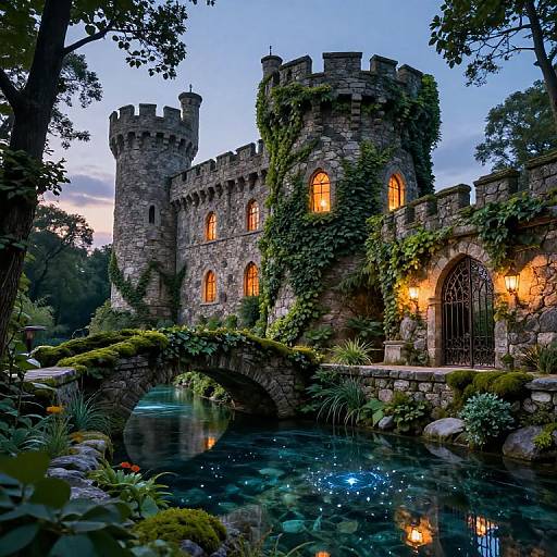 Photograph of a medieval stone castle with ivy-covered towers, glowing orange windows, arched bridge over a sparkling blue pond, illuminated by lanterns