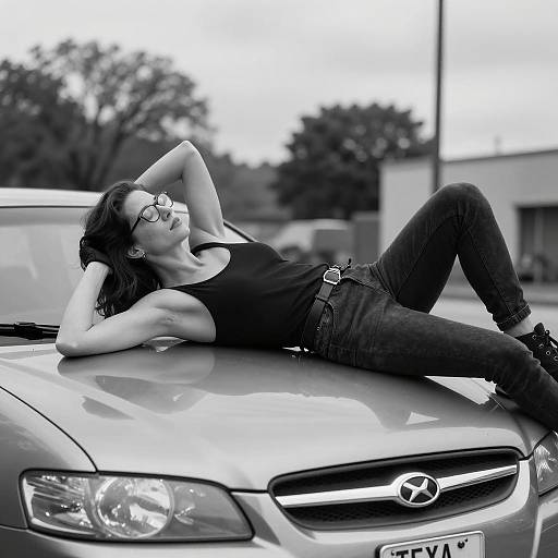 Elegant Nude on Car Hood in B&W