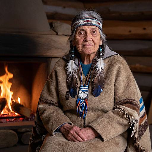 Photograph of an elderly Native American woman with gray hair, wearing traditional feathered headband, brown blanket, and colorful bead necklace, seated in front