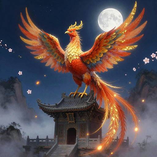 Moonlit Phoenix on Ancient Temple Roof
