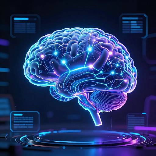Neon blue and purple CGI illustration of a glowing brain with interconnected lights, floating above a futuristic circular platform.