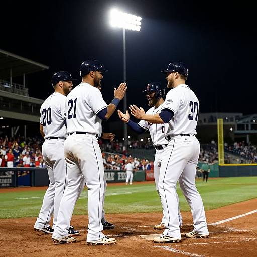 Photograph of four baseball players in white uniforms with black numbers, high-fiving on a brightly lit, night-time baseball field.