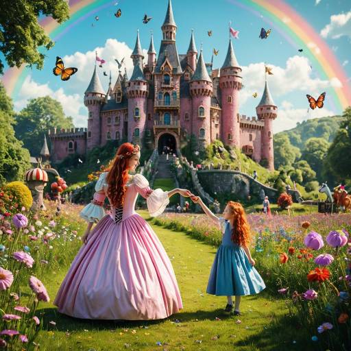Princess and Girl in Enchanted Garden with Castle