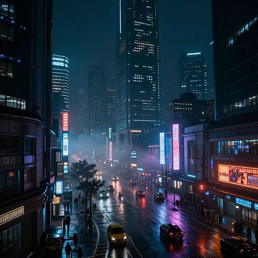 Neon-lit, rainy urban night scene photograph of a bustling city street with skyscrapers, illuminated billboards, and reflective wet roads.