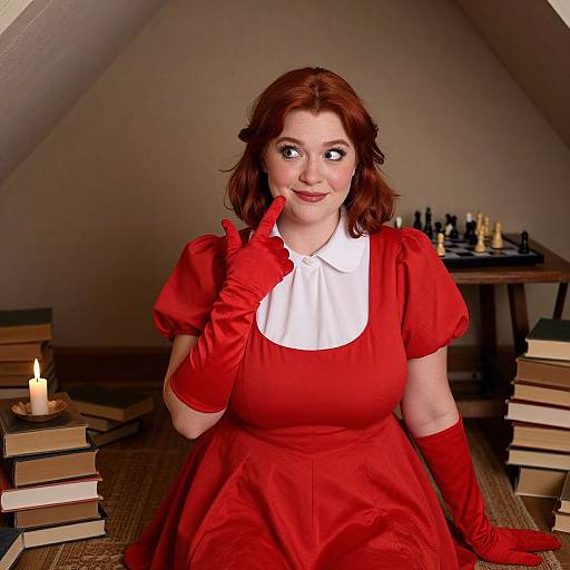 Photograph of a fair-skinned woman with red hair, wearing a red dress and gloves, sitting among candles and books in an attic, with a