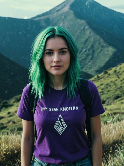 Woman with Green Hair Standing by Mountain