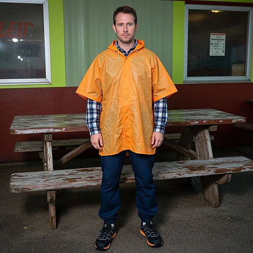 Man in Bright Rain Poncho at Neon Diner