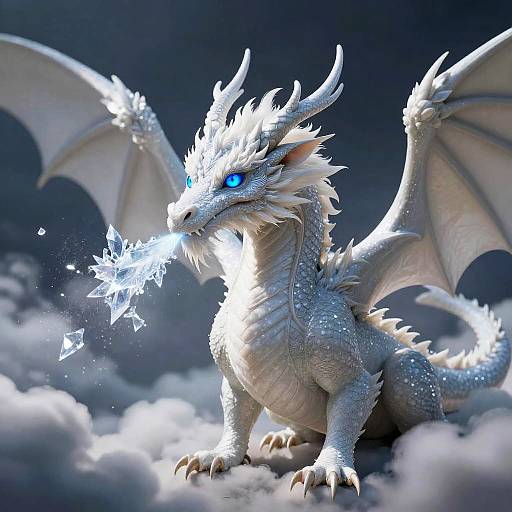Digital artwork of a silver, glowing blue-eyed dragon with snow-white scales, breathing ice crystals, standing on fluffy clouds against a dark sky.