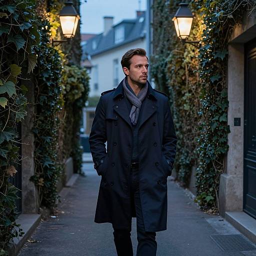 Photograph of a handsome man with short brown hair, wearing a black coat and gray scarf, standing on a narrow, ivy-covered alleyway at