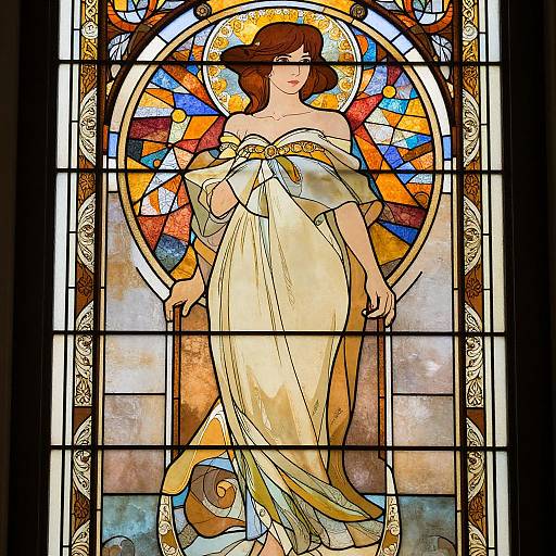 Art Nouveau-style stained glass window featuring a serene, brown-haired woman in an off-shoulder, flowing, golden gown, surrounded by vibrant,