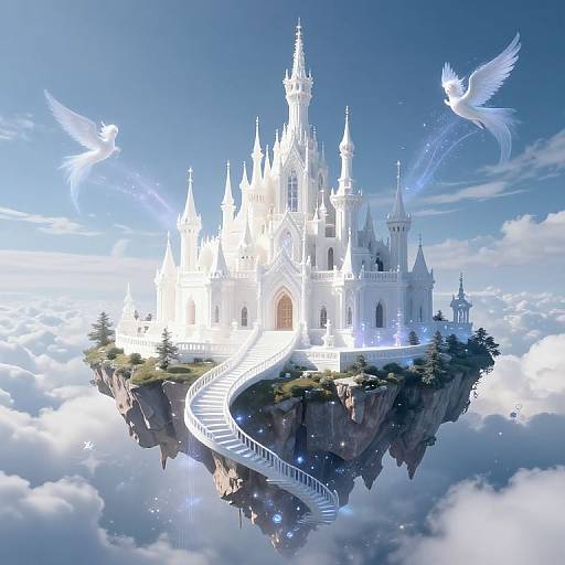 Photorealistic digital art of a glowing white, fairy-tale castle on a floating cliff, surrounded by clouds, with two ethereal white doves