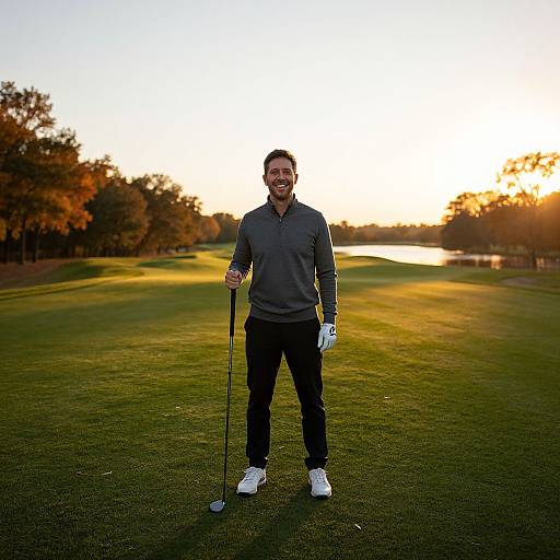 Photograph of a smiling man with short dark hair, wearing a grey long-sleeve shirt, black pants, white shoes, golf glove, and