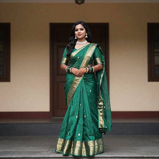 Photograph of an Indian woman with dark hair, wearing a green and gold traditional saree, standing in front of a beige building. She has jewelry