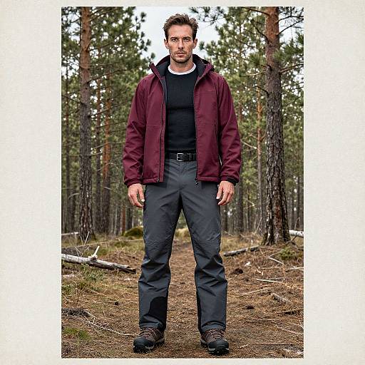 Photograph of a serious, muscular man with short brown hair, wearing a maroon jacket, black shirt, grey pants, and brown boots, standing