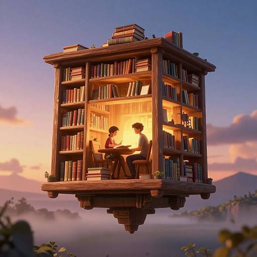Digital art: Two silhouetted figures reading together in a glowing, floating wooden library against a sunset sky and misty landscape.