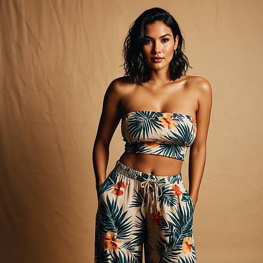 Woman in Tropical Print Tube Top and Linen Pants