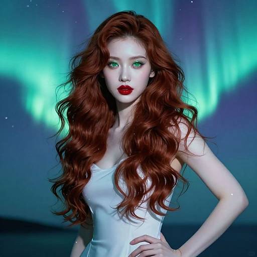 Photorealistic digital art of a pale-skinned, red-haired woman with green eyes, red lips, and white tank top, set against a blue