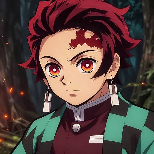 Anime-style digital drawing of a red-haired, serious-eyed character with a forehead scar, wearing a green and black checkered jacket, and square earrings,