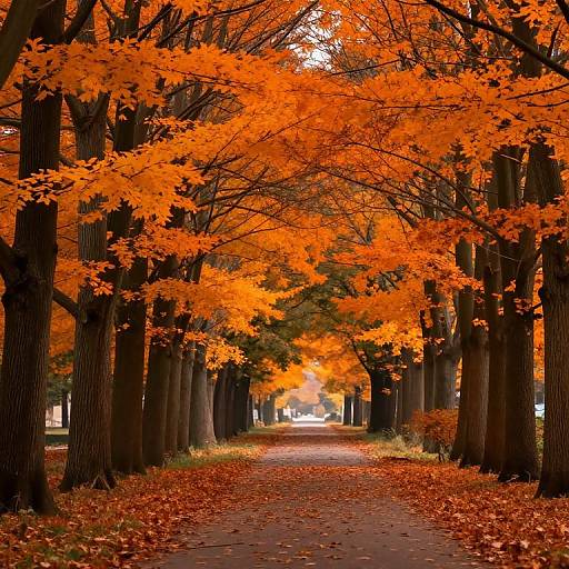 Photograph of a tree-lined path with vibrant orange autumn leaves, fallen leaves covering the ground, and a bright light in the distance.