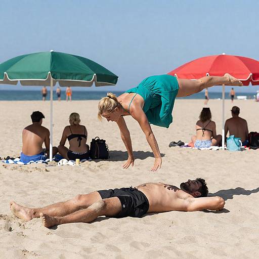 Woman performing acrobatics over man on beach