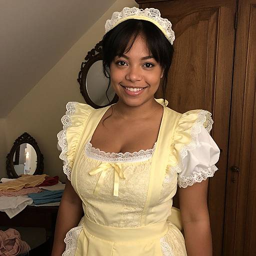 Photograph of a smiling Asian woman in a yellow lace-trimmed maid outfit with a matching headdress, standing in a wooden-paneled room with
